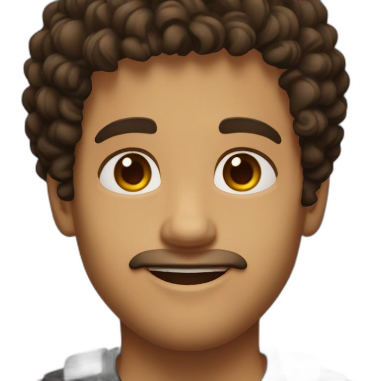 man short dark brown hair curls on forehead with brown eyes smiling black shirt light skin emoji