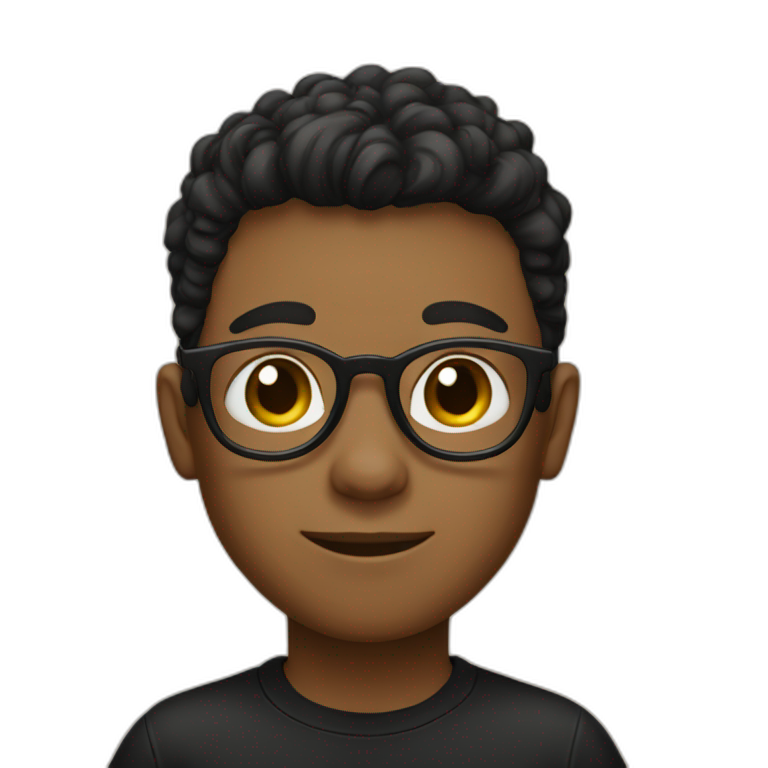 A boy with a partial haircut, black-rimmed glasses and a black T-shirt emoji