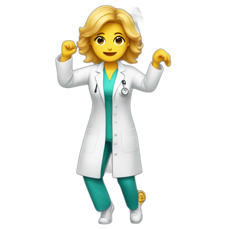 Dancing lady emoji except she’s mean and wearing a lab coat like a scientist emoji