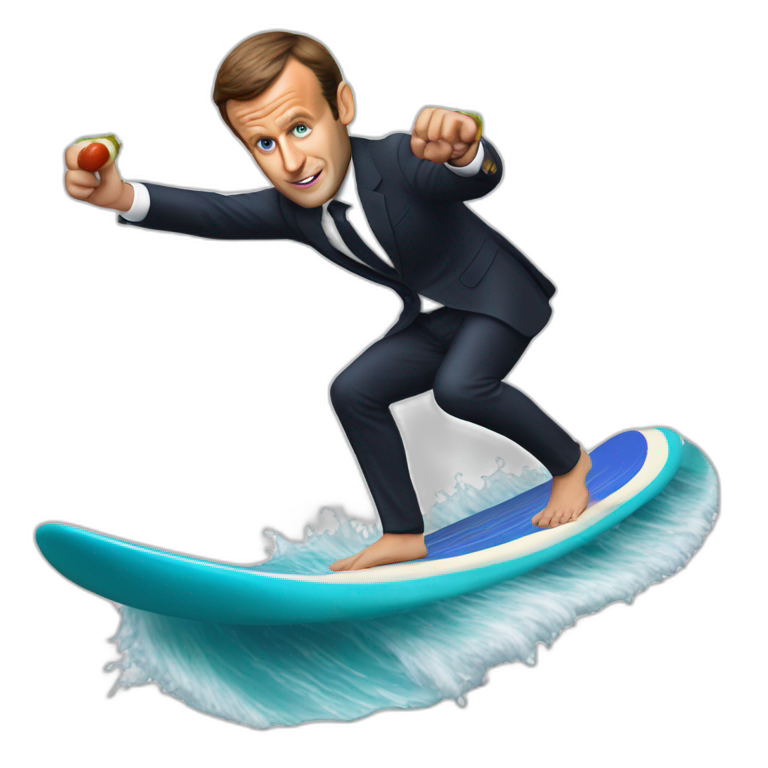 emmanuel macron surfing a saussage emoji