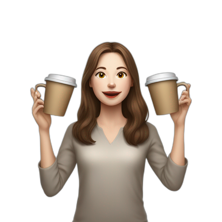 woman juggler with long straight brown hair and pale skin juggling three coffee cups and two small laptops in the air emoji
