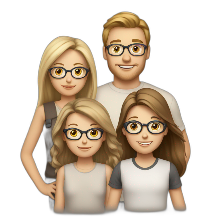 White family of 4, 1 brown hair mom, 1 brown hair boy, 2 girls with glasses and long blond hair emoji