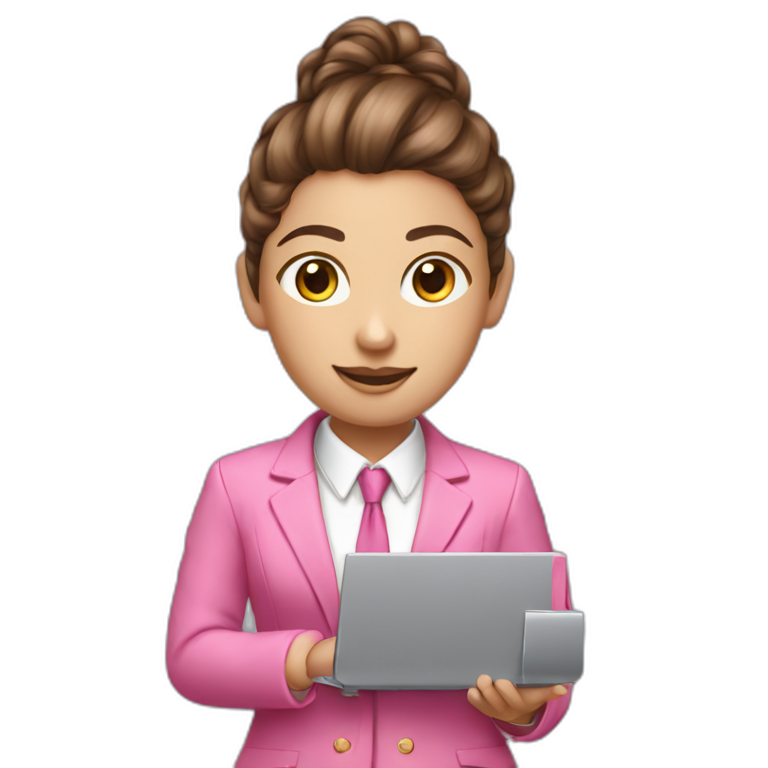 long brown curly pony tail girl with computer wearing pink suit emoji