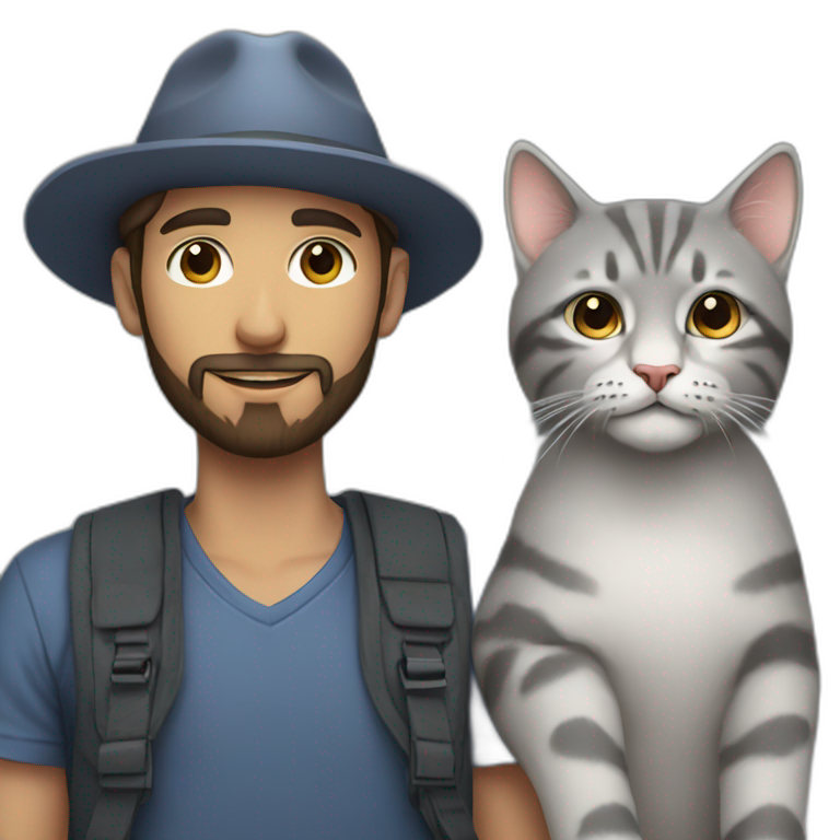 a young man with a beard and a hat holding a big grey cat emoji