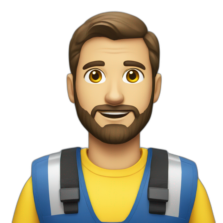 Ikea coworker blue eyes beard manager man blue stripes t-shirt and yellow security vest emoji