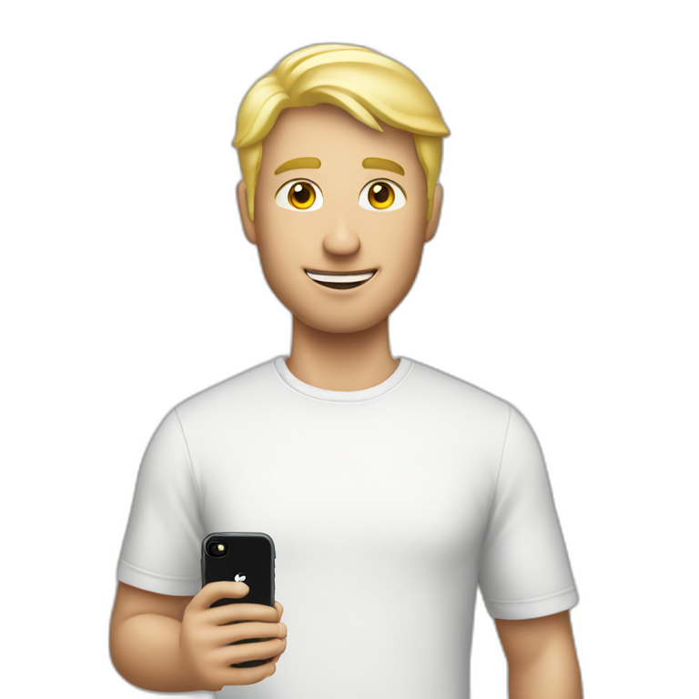 Blonde man wearing Apple logo shirt holding iphone emoji