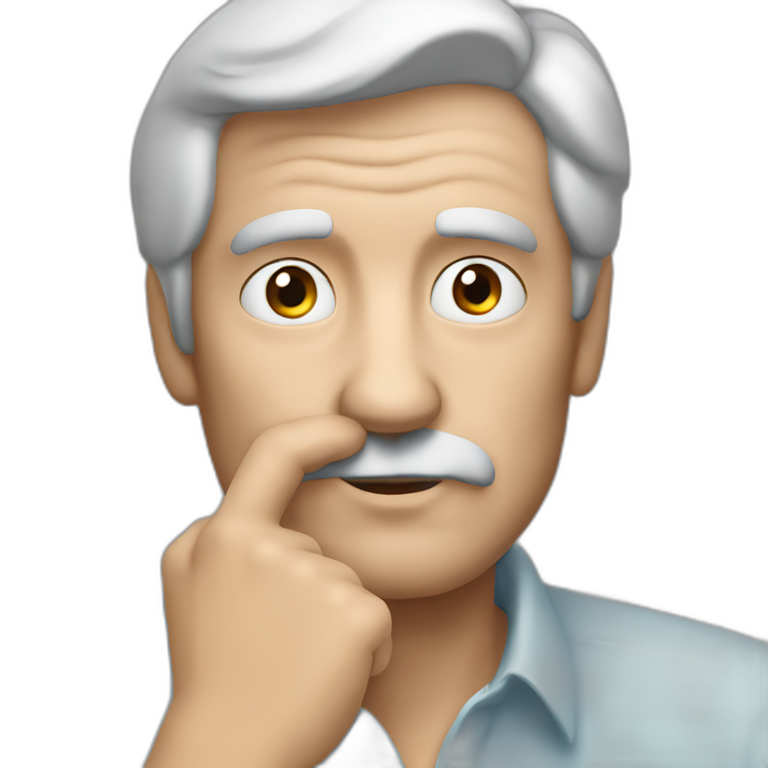left facing face of older dark haired man rubbing chin with hand from thinking emoji
