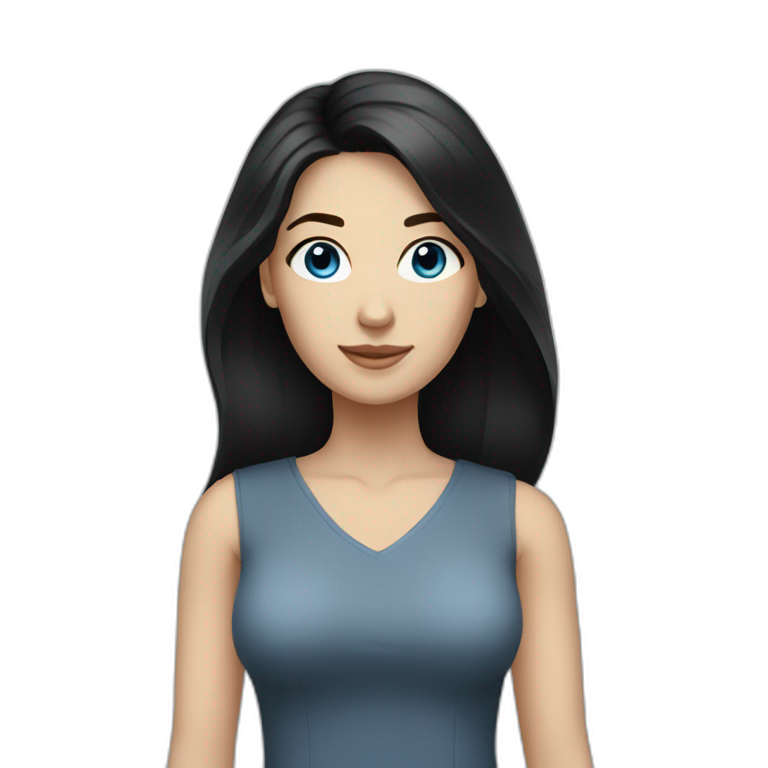 white woman, dark medium-long black hair, full body, blue grey eyes emoji
