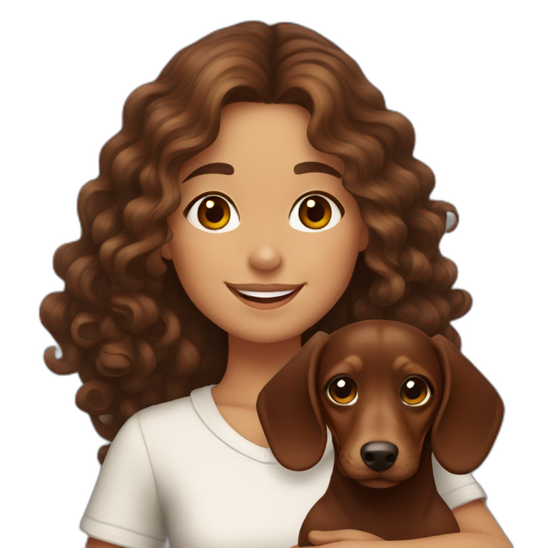 Girl long curly brown hair smiling and brown eyes and holding a dachshund  in her arms emoji