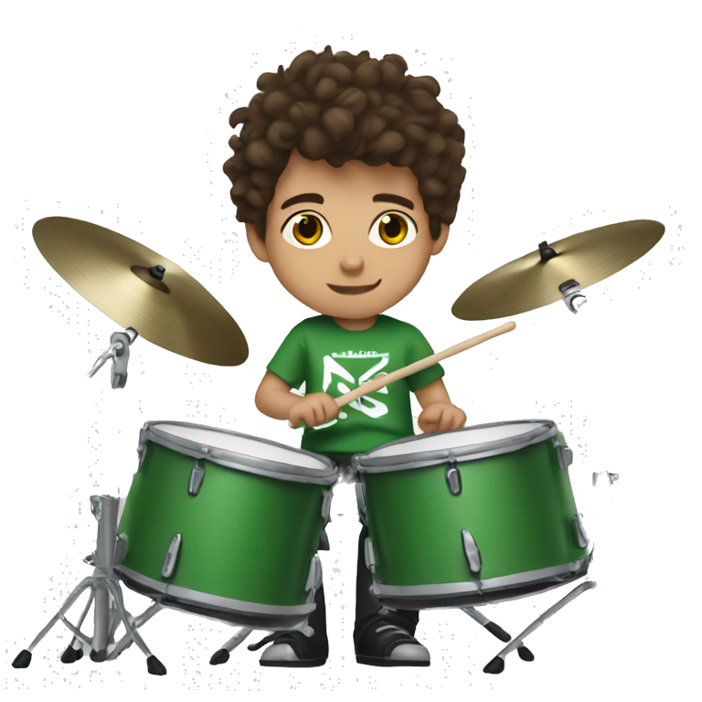 Kid with brown hair playing drums wearing a green day shirt emoji