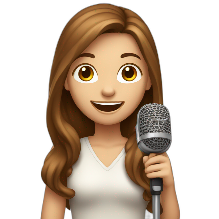 Caucasian girl with long Brown hair holding a michophone singing happy emoji