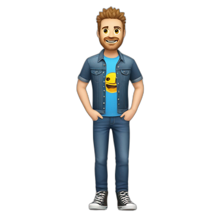 white male adult, Brown Spikey Hair, Video Game Shirt, Blue Jeans, Converse shoes emoji