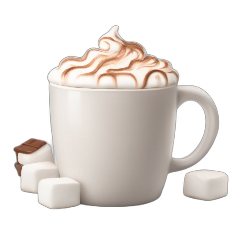 white mug of hot chocolate with marshmallows and whipped cream emoji