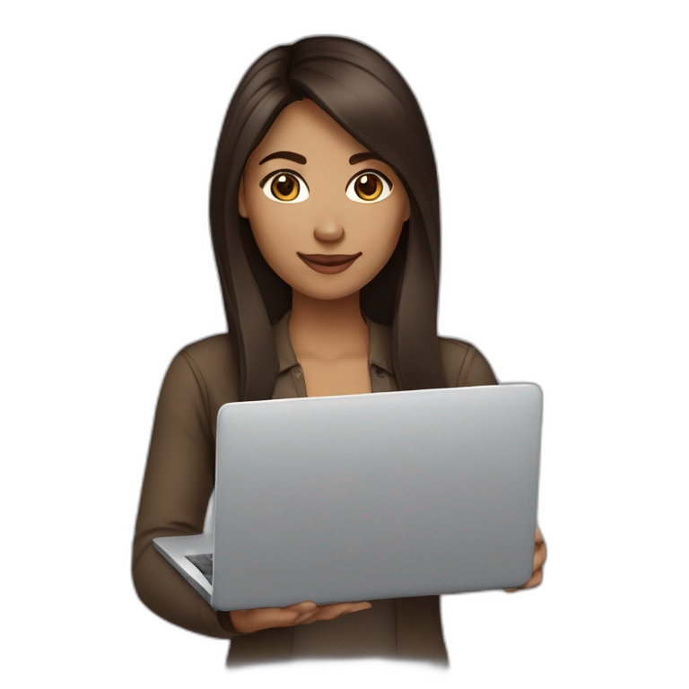 woman light brown skin long dark brown hair with laptop, brown eyes emoji