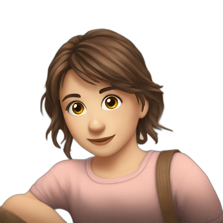 brown-haired girl smiling at viewer. emoji
