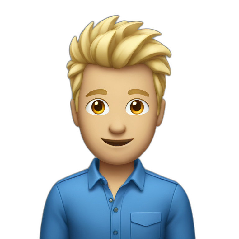 Man wearing blue Apple shirt with blonde faux hawk hair working in QA emoji