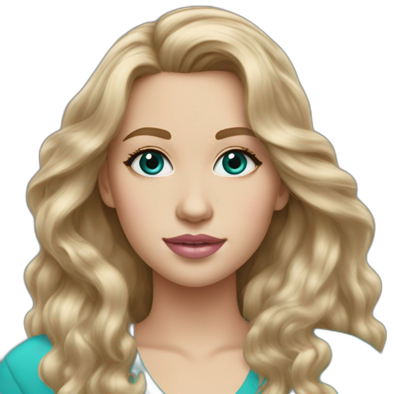 white girl with long wavy dirty blonde hair hazel eyes pink lip gloss turquoise top emoji