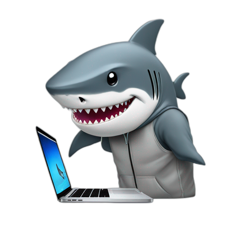 A shark wearing a hoodie coding on a MacBook Pro emoji
