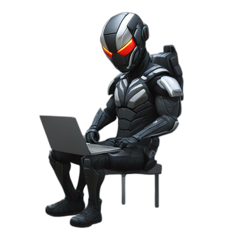 developer behind his laptop with this style : Crytek Crysis Video game with nanosuit character hacker themed character emoji