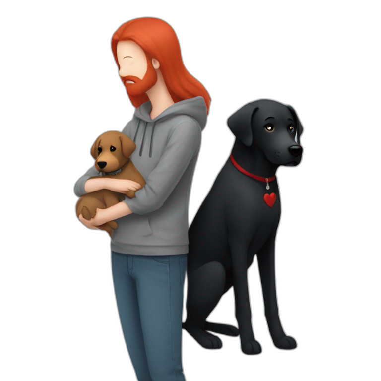 a slender man wear grey hoodie with a red beard hug a black Labrador emoji