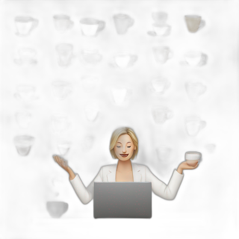 white woman on a computer juggling with coffee cups emoji