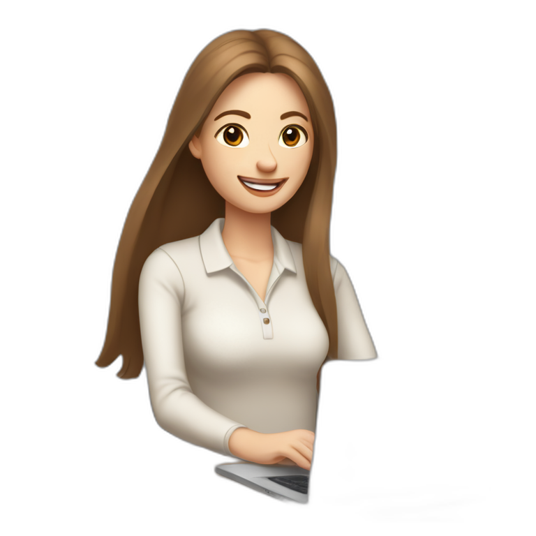 eyes closed smiling woman pale skin middle brown long straight hair with a closed laptop and a coffee mug wearing a white woolly shirt polo emoji