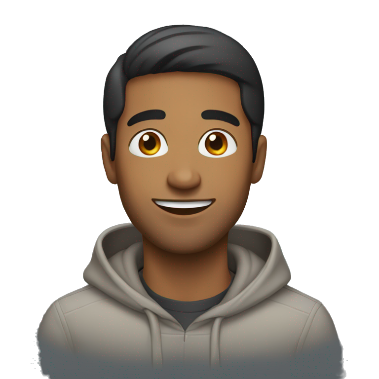 Brown man with straight hair and no facial hair and happy with hoodie emoji