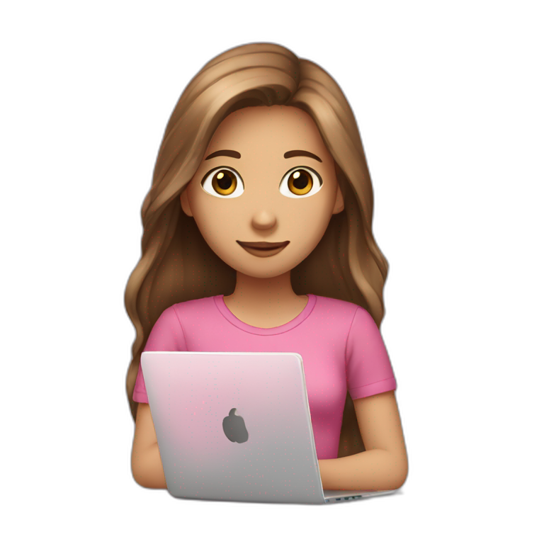 Girl with long brown hair light skin and looking at laptop, pink shirt emoji