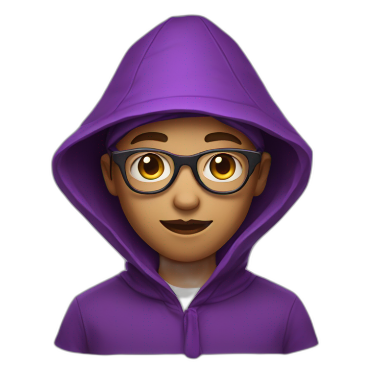 boy in a tunic and a purple triangular hood style hat with glasses emoji
