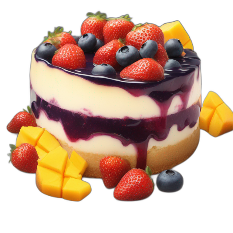 cheesecake topped with 3 jams strawberry , blueberry and mango  emoji
