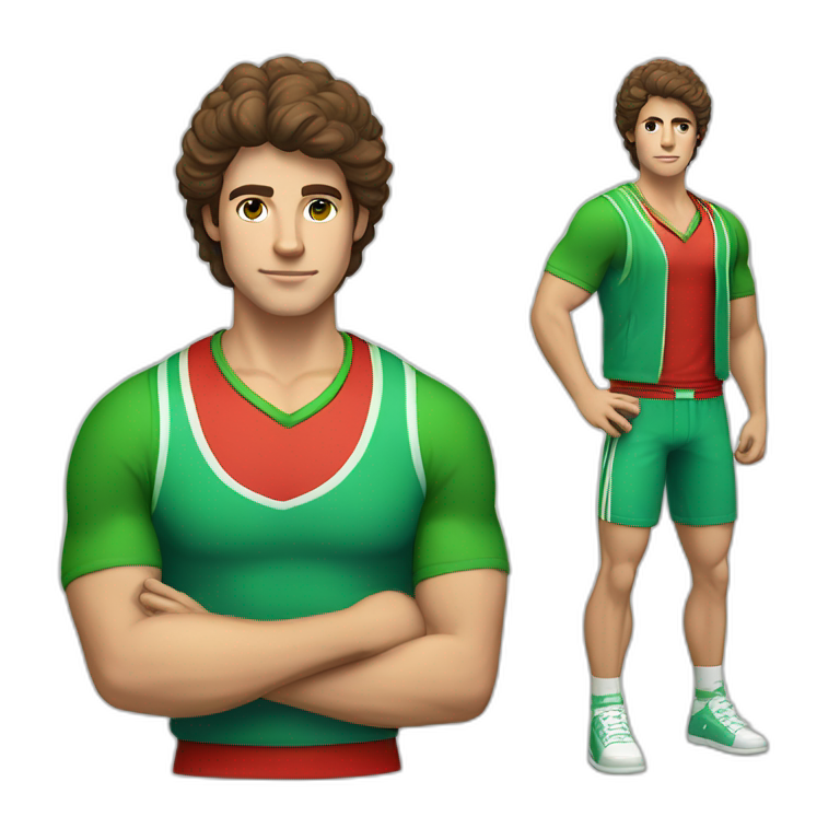 retro 70s red and green gym clothes for a modern white brunette uni male student with glass emoji