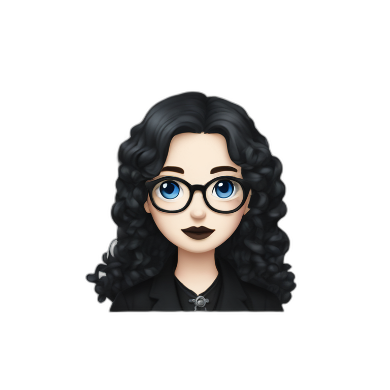 full length goth girl in a black coat, glasses with blue eyes and white skin and curly black long hair and aristocratic high cheekbones emoji