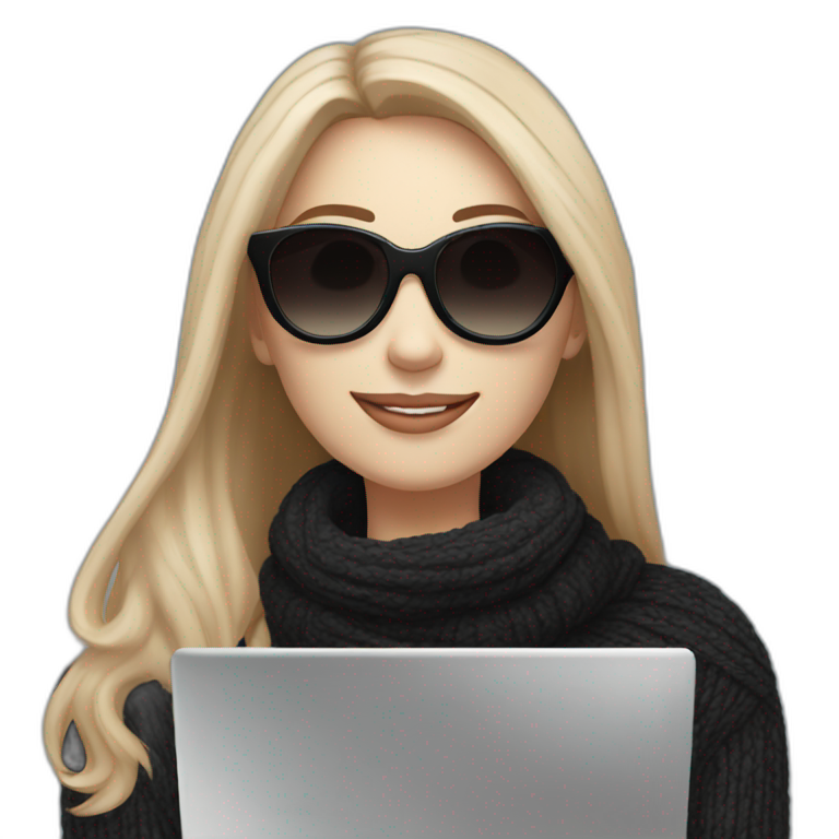 smiling woman with pale skin middle brown long straight hair with a laptop and a coffee mug wearing a black woolly shirt and a black woolly scarf wearing heart shaped black sunglasses emoji