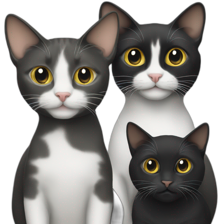 Three cats, one black,black two white,black emoji