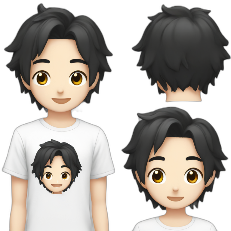 anime boy cartoon smiling with black hair, black and white t shirt, and black eyes emoji