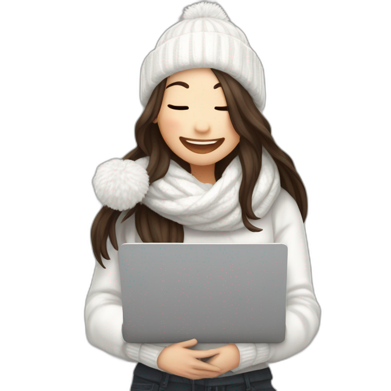 eyes closed laughing female with pale skin and dark brown straight long hair wearing white scarf and white woolly hat and black hoodie and holding a laptop and coffee mug not full body shot emoji