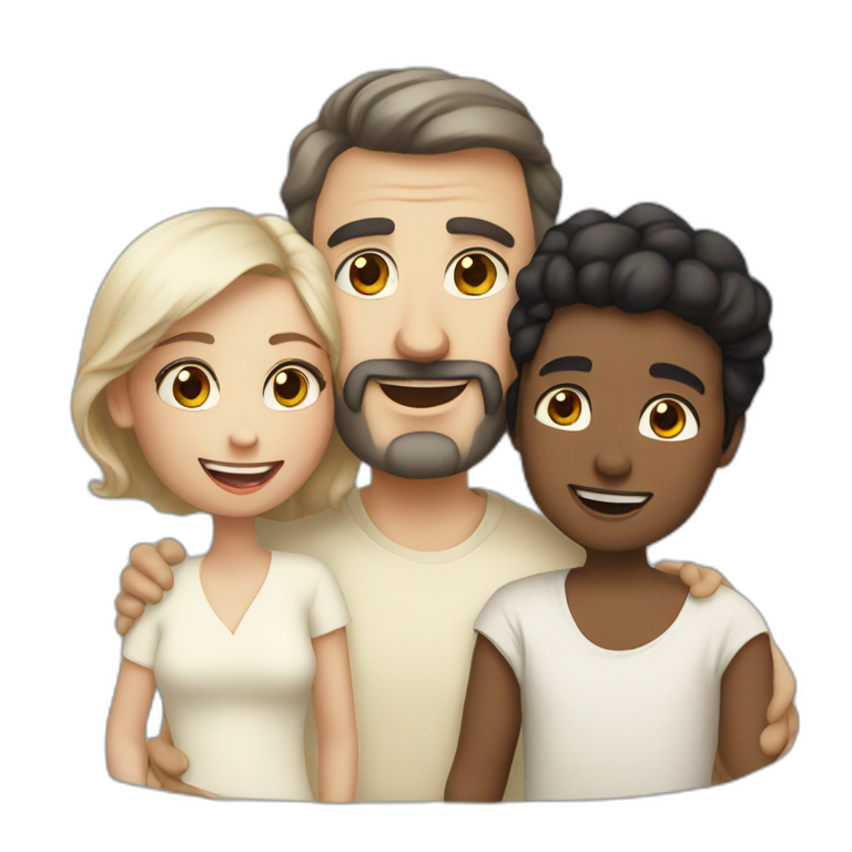 Daddy with white skin wearing cream tshirt and his wife wear cream blaus and black shawl also his son wear cream tshirt emoji