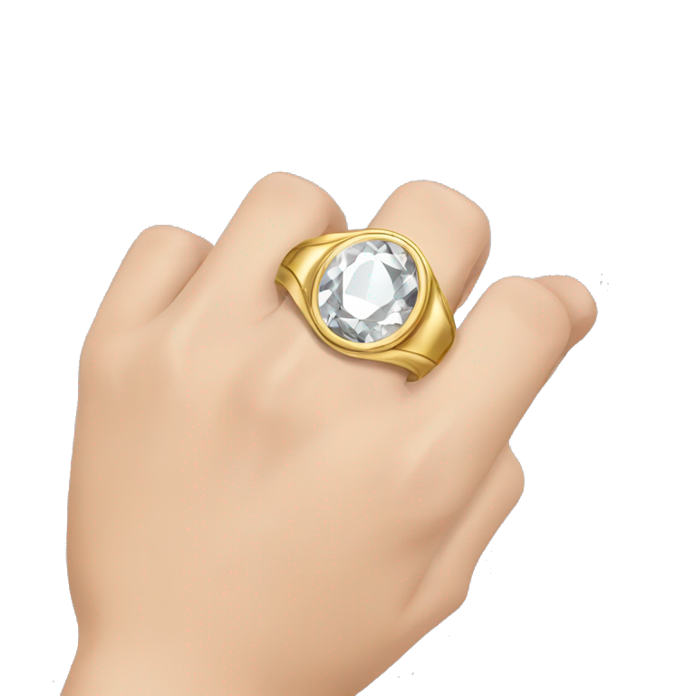 Create a picture that shows a young man's hand wearing a golden bezel wedding ring with a diamond on it. emoji