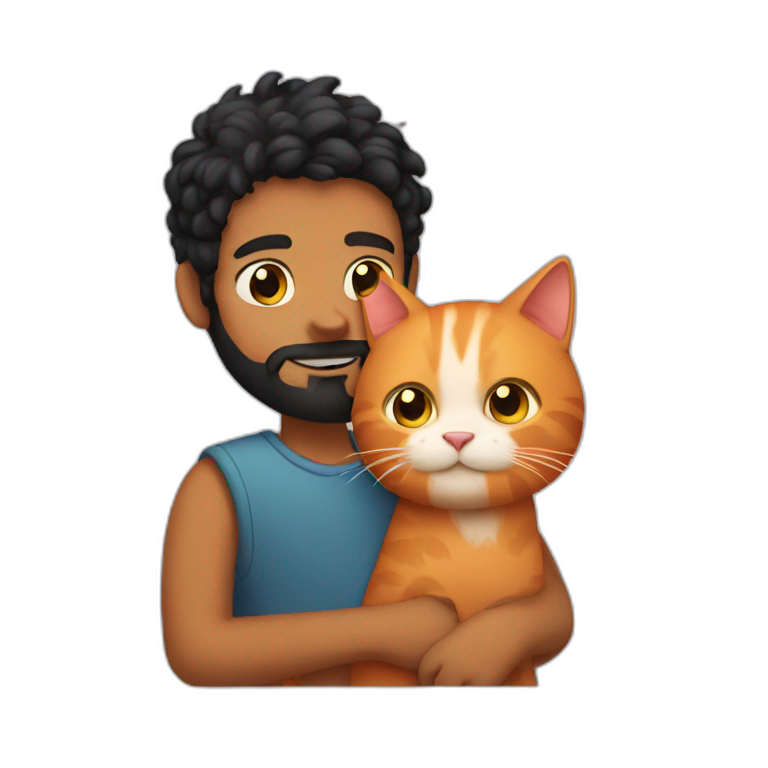 Boy with black beard hugging ginger cat emoji