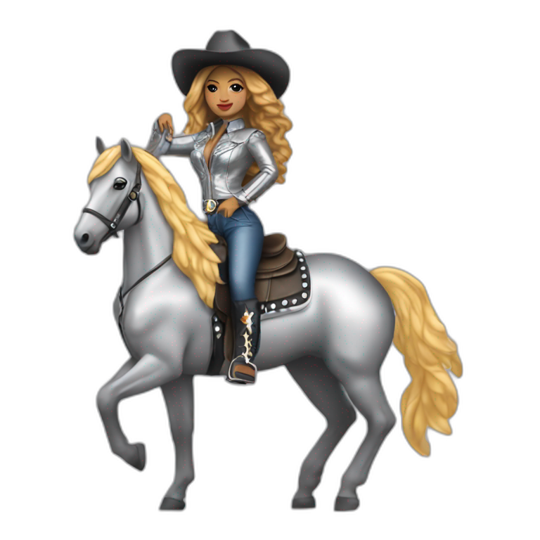 Beyoncé wear in silver cowboy  riding a discoball horse emoji