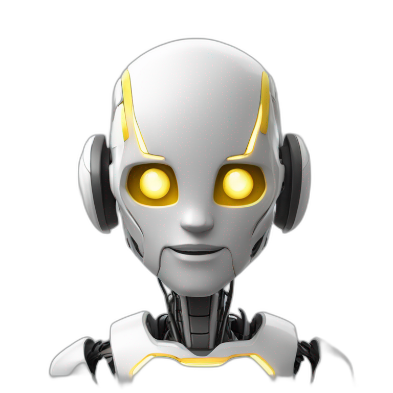 Un robot humanoide con pelo blanco y luzes en su cabeza,ojos de pantalla y de color amarillo emoji