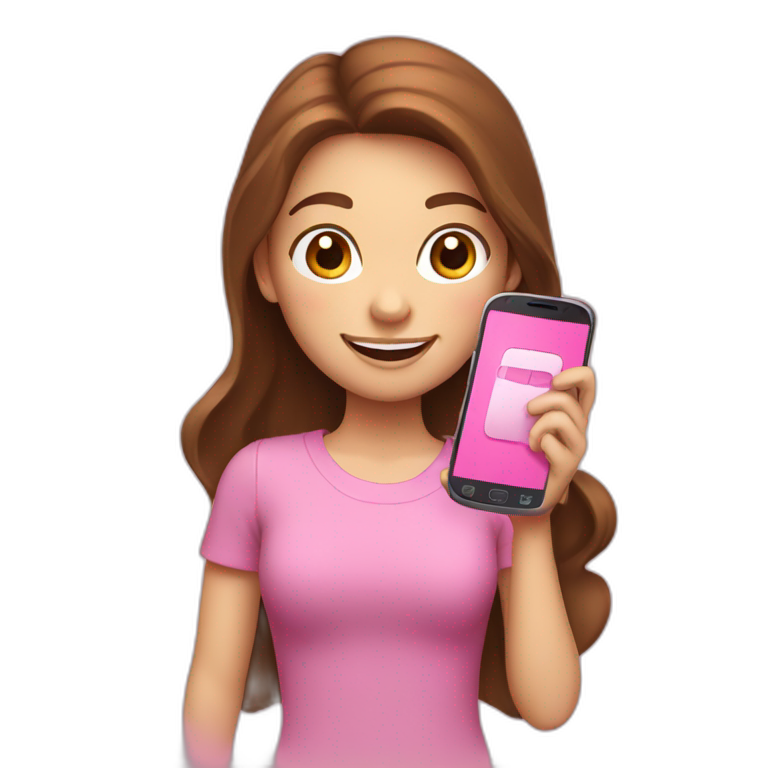 girl with brown hair, white skin, smiling and holding a pink cell phone in her hand emoji