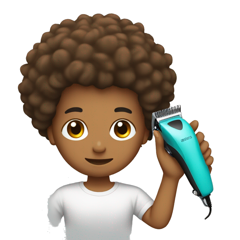 an boy is cutting his afro hair with a hair clipper emoji