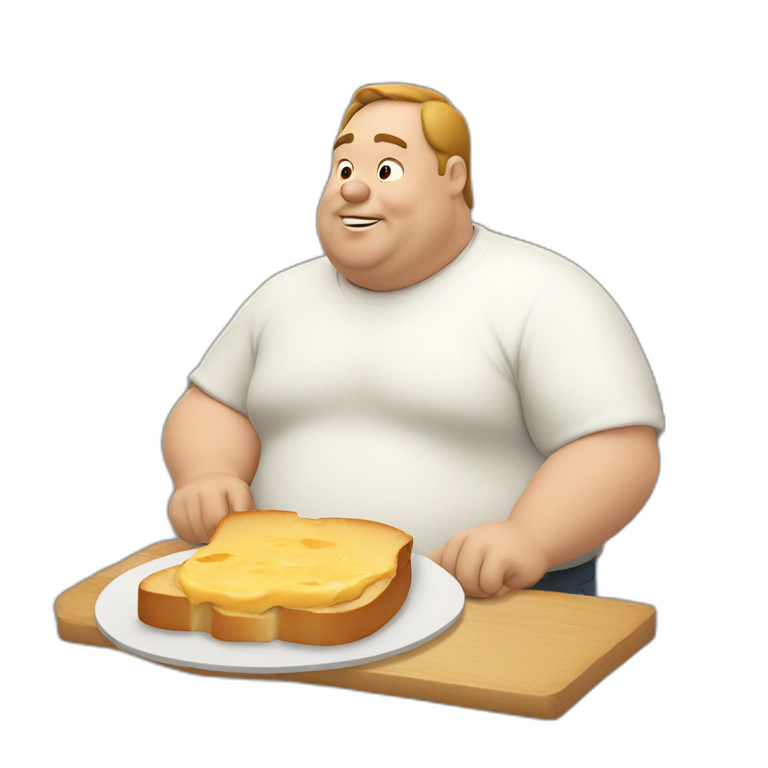 a fat man eating a slice of bread with a white sauce emoji