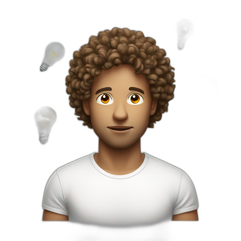 man curly hair with white tshirt thinking light bulb emoji