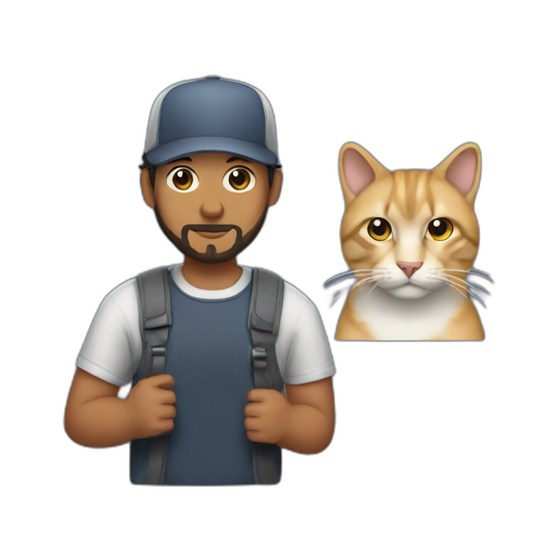 a man with a short beard and a snapback hat holding a big grey cat emoji