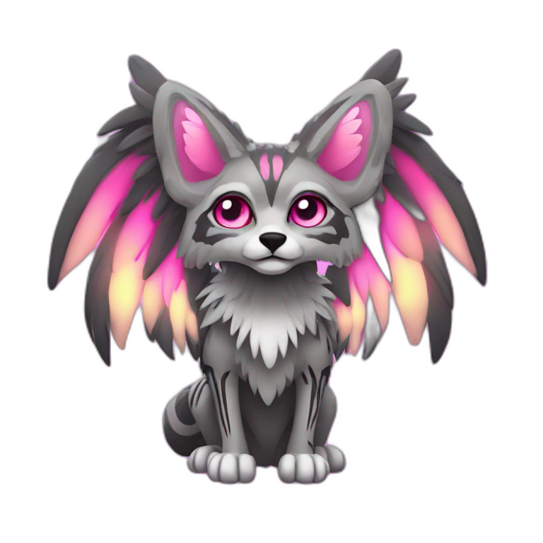 Coyote ocelot standing with grey and black fur and phoenix wings on back and pink ears half skeleton, neon lights emoji