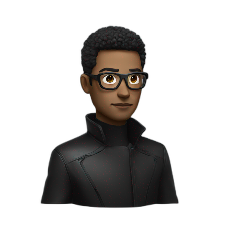 super realistic futuristic man, dressed in a black coat, futuristic black glasses, modern watch emoji