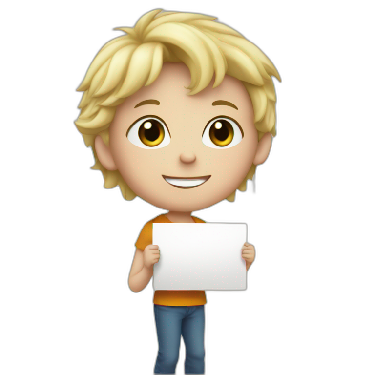a young blond boy holding a sign , written Vivien emoji