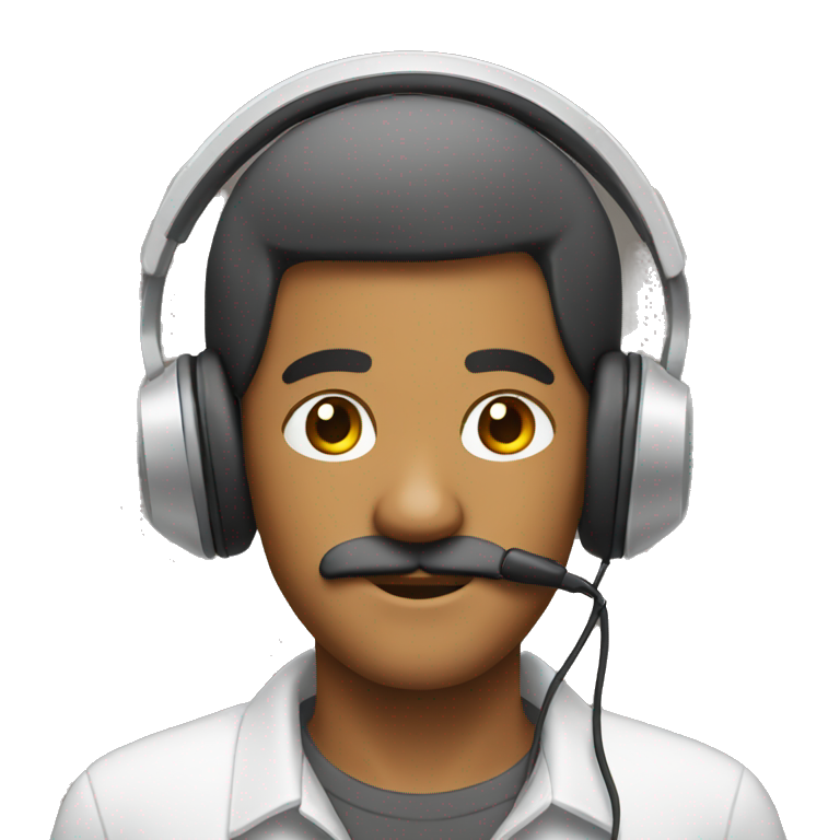 Make a brown man with mustache and with wired headphones and a computer and wearing a shirt  emoji